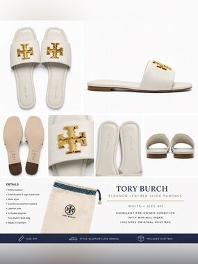 Tory Burch White Leather Slide Sandals with Gold Logo Hardware